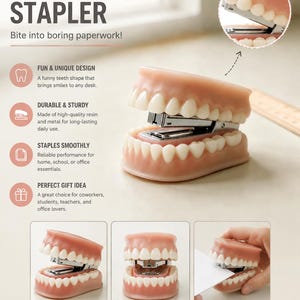 May include: A desktop stapler shaped like a set of human teeth with pink gums and white teeth. The device features a silver metal internal stapling mechanism. The text on the image reads: FUNNY TEETH STAPLER, Bite into boring paperwork!