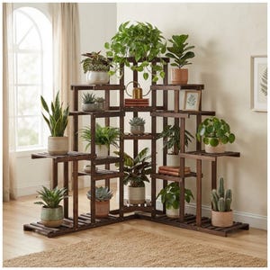 Indoor Outdoor Plant Stand, Wooden Multiple Plants Holder, Flower Pot Display Rack, Ladder Shelf for Balcony Living Room Garden
