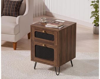Rattan Nightstand with Charging Station, Boho Bedside Table with Drawer, Natural Wood Side Table with Storage Shelf