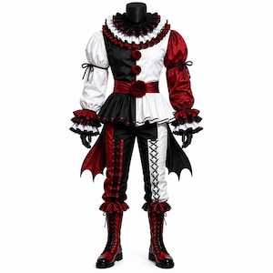 Può includere: Un costume composto da più pezzi nei colori nero, bianco e rosso. Il top presenta un colletto a balze, tre pon pon e maniche a sbuffo con laccetti. I pantaloni sono dotati di allacciatura, inserti laterali a forma di ala e stivali abbinati.