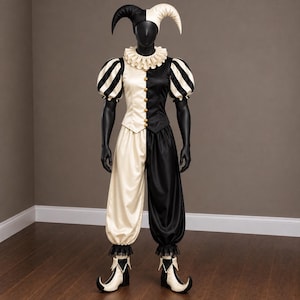 Puede incluir: Un disfraz de bufón con un diseño de bloques de color blanco y negro. El conjunto incluye un sombrero de dos tonos, un cuello con volantes, un corpiño abotonado con mangas abullonadas, pantalones holgados y zapatos puntiagudos a juego.