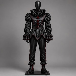 Puede incluir: Un disfraz negro con un gran cuello de volantes, mangas abullonadas con puños de volantes y un corpiño ajustado con tres pompones de color rojo oscuro. El conjunto incluye un cinturón a juego, pantalones con ribetes rojos y botas negras.