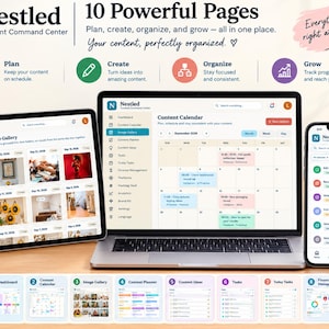 Op de afbeelding: Een digitaal contentmanagementsysteem weergegeven op een laptop, tablet en smartphone. De interface bevat een dashboard, inhoudskalender, afbeeldingengalerij en takenlijsten. Tekst bevat Nestled Content Command Center en 10 Powerful Pages.