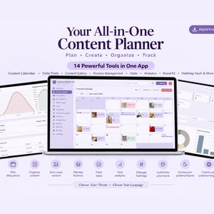 May include: A digital content planner interface displayed on a laptop screen and two tablets. The text reads Your All-in-One Content Planner, 14 Powerful Tools in One App, and lists features like Content Calendar, Daily Posts, and Analytics.