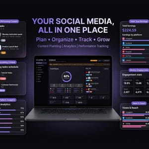 May include: A dark-themed social media management dashboard displayed on a laptop screen, surrounded by floating interface panels showing analytics, earnings, task schedules, and engagement metrics with text: YOUR SOCIAL MEDIA, ALL IN ONE PLACE.