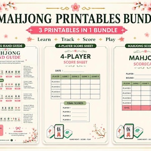Utskrivbart Mahjong-nybörjarpaket, poängkort, brickguide, spelkvällsplanerare (PDF)