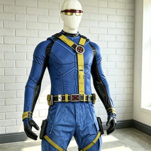 May include: A blue and black tactical costume featuring a yellow chest harness with a circular emblem, a matching utility belt with a red X buckle, and a visor with a red lens. The outfit includes long sleeves, gloves, and pants with straps.