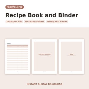 Puede incluir: Un conjunto de libro de recetas y archivador en PDF imprimible que incluye una página de contenido, divisores de sección para entrantes, guarniciones y platos principales. Incluye 20 tarjetas de recetas y un planificador de comidas semanal.