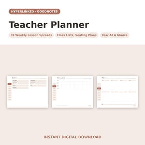 Puede incluir: Un planificador digital para docentes con pestañas con hipervínculos para Goodnotes. El diseño incluye una página de contenido, una vista anual y planificaciones semanales. El texto incluye Teacher Planner, 39 Weekly Lesson Spreads, Class Lists, Seating Plans, Year At A Glance y Instant Digital Download.