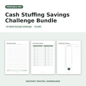 Puede incluir: Un paquete PDF imprimible titulado Cash Stuffing Savings Challenge Bundle con un reto de ahorro de 52 semanas y una meta de 1.000 €. Incluye tres páginas blancas: una cuadrícula de 100 sobres, una tabla de ahorro de 52 semanas y un termómetro de 1.000 €.