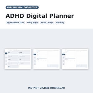 Puede incluir: Un planificador digital ADHD para Goodnotes con pestañas hipervinculadas, página diaria, sección de lluvia de ideas y apartados matutinos. El diseño muestra tres vistas de pantalla con menús de navegación, listas y áreas de escritura.