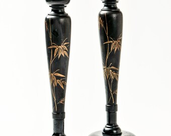 Mid-Century Black Lacquar Candlestick Holders Gold Bamboo 13.5" Original Import Stamps