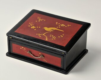 Antique Personal Chinese Slanted Writing Desk Red & Black Lacquar Gold Handpainted Accents