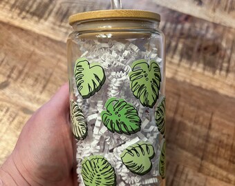 Monstera Leafs Design 16oz Libbey Beer Can Glass - Reusable Iced Coffee Glass - Beer Can Drinking Glasses for Smoothie Whiskey Boba Soda Tea