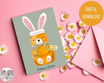 Honey Bunny Happy Easter 5"x7" Card - Digital Download - Easter Greeting - Friends and Family - Instand Download - Funny Bunny Cute Drawing