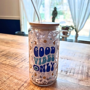 Good Vibes Only 16oz Libbey Glass Evil Eye Moons - Reusable Iced Coffee, Beer Can Drinking Glasses for Smoothie Whiskey Boba Soda Tea