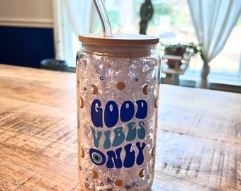 Good Vibes Only 16oz Libbey Glass Evil Eye Moons - Reusable Iced Coffee, Beer Can Drinking Glasses for Smoothie Whiskey Boba Soda Tea