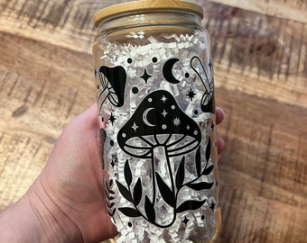 Magical Mushroom Black & White 16oz Libbey Glass - Reusable Iced Coffee, Beer Can Drinking Glasses for Smoothie Whiskey Boba Soda Tea