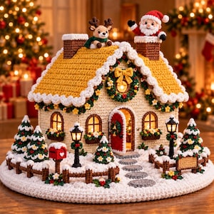 Könnte beinhalten: Ein gehäkeltes Weihnachtshaus mit gelbem Dach und weißem Rand, einer roten Tür und einem Schornstein mit einer Weihnachtsmannfigur. Die Szene umfasst ein Rentier, kleine Tannenbäume, einen Briefkasten und zwei Laternen auf einer Schneebasis.