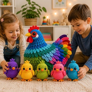 May include: A large blue crochet hen with a red comb and wattle, featuring layered feathers in rainbow colours. Beside the hen are five small, round crochet chicks in purple, yellow, lime green, pink, and bright blue, each with orange feet.