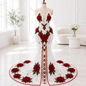 May include: A floor-length white crochet dress featuring a deep V-neckline and a halter-style strap. The garment is adorned with numerous three-dimensional dark red crocheted roses and green leaves, with a central vertical row of small red flowers.
