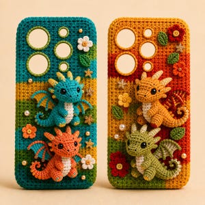 May include: Two rectangular phone cases featuring intricate crochet textures. The left case is teal and yellow with a blue and an orange dragon appliqué. The right case is orange, red, and green with a yellow and a green dragon appliqué, plus floral accents.