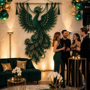 May include: A large, intricate dark green macrame wall hanging shaped like a phoenix with gold-toned accents, suspended from a wooden rod with decorative tassels, displayed as a central decorative piece on a textured wall above a velvet sofa.