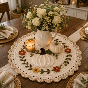 May include: A round, cream-colored crocheted doily featuring a central white pumpkin motif, green vines, and small orange and yellow crocheted flowers. The doily has a scalloped edge and is displayed with a white ceramic pitcher of flowers.