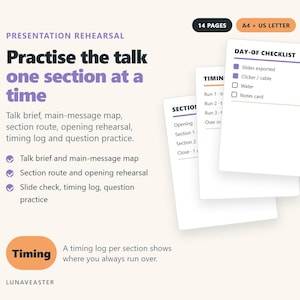 Puede incluir: Una guía de ensayo de presentación de 14 páginas con lista de verificación, registros de tiempo y rutas de sección. El texto incluye 'Practise the talk one section at a time' y 'Talk brief, main-message map, section route, opening rehearsal, timing log and question practice.'