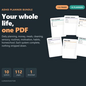 ADHD-planeringspaket utskrivbart, 112 sidor, 10 planerare, arbetsbok för exekutiva funktioner, städbudget, måltidsplanerare och daglig PDF, US Letter
