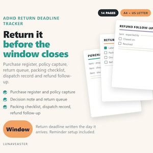 May include: An ADHD return deadline tracker digital planner with 14 pages in A4 and US Letter sizes. The document features sections for purchase register, policy capture, return queue, packing checklist, dispatch record, and refund follow-up.