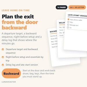 May include: A digital planning document titled Leave Home On Time: Plan the exit from the door backward. It includes 14 pages in A4 and US Letter formats, featuring a backward sequence, night-before setup, delay log, and a late-start version checklist.