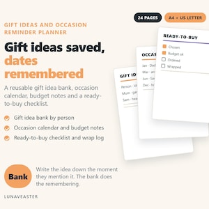 Puede incluir: Un planificador de ideas para regalos y recordatorio de fechas con 24 páginas en tamaños A4 y US Letter. Incluye un banco de ideas, calendario de ocasiones, notas de presupuesto y una lista de verificación para compras con casillas de selección.