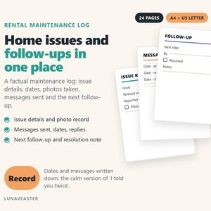 Può includere: Un registro di manutenzione per affitti di 24 pagine in formato A4 e US Letter. Il documento include sezioni per dettagli sui problemi, date, foto, messaggi e follow-up. Il testo include: 'Rental Maintenance Log', 'Home issues and follow-ups in one place', 'Issue', 'Message', 'Follow-up'.