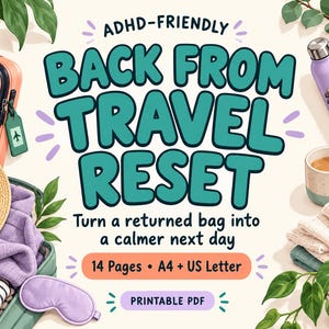 Puede incluir: Una guía PDF imprimible digital titulada ADHD-FRIENDLY BACK FROM TRAVEL RESET, que incluye 14 páginas en tamaños A4 y carta de EE. UU. El gráfico muestra una maleta, un sombrero de paja, un antifaz de dormir lavanda, un cuaderno, un bolígrafo, una botella de agua y una taza de café.