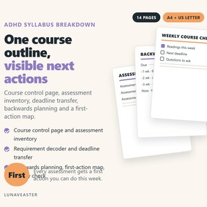May include: A digital ADHD syllabus breakdown planner with 14 pages in A4 and US Letter sizes. The document features a weekly course check, assessment inventory, and backwards planning sections with text including One course outline, visible next actions.