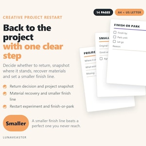 Könnte beinhalten: Ein 14-seitiges digitales Planer-Set in A4 und US Letter mit dem Titel Creative Project Restart. Die Seiten enthalten Checklisten für das Projektmanagement, einschließlich Abschnitten zum Projektstatus, zur Materialrückgewinnung und zur Entscheidungsfindung.