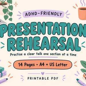 Presentationsrepetition, ADHD-planerare utskrivbar PDF, arbetsbok för exekutiva funktioner, 14 A4-sidor och US Letter