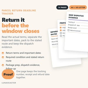 May include: A 14-page parcel return deadline tracker printable in A4 and US Letter sizes. The document features checklists for return terms, important dates, package preparation, and dispatch evidence, including fields for tracking numbers.