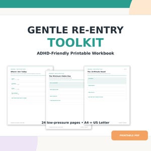 May include: A digital printable workbook titled Gentle Re-Entry Toolkit ADHD-Friendly Printable Workbook. It features three page layouts including Where I Am Today, The Minimum Viable Day, and The 10-Minute Reset, with 24 pages total in A4 and US Letter sizes.