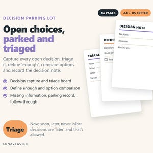 Può includere: Un modello di pianificazione Decision Parking Lot di 14 pagine nei formati A4 e US Letter. Il documento presenta sezioni per il triage, la definizione delle decisioni e la registrazione delle note con suggerimenti per ora, presto, più tardi e mai. Il testo include: Decision Parking Lot, Open choices, parked and triaged e Decision Note.