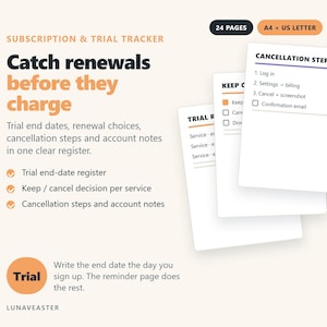 Pode incluir: Um planejador digital de rastreamento de assinaturas e testes com 24 páginas nos tamanhos A4 e US Letter. O documento apresenta seções para datas de término de testes, escolhas de renovação e etapas de cancelamento com caixas de seleção.