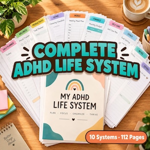 May include: A stack of printed planner pages with colorful tabs labeled Wellness, Productivity, Home, Meals, Finance, Self Care, Goals, and Notes. The top cover features a rainbow graphic and the text My ADHD Life System Plan Focus Organize Thrive.