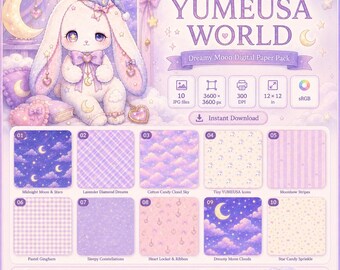 Digitales Papierpaket „Verträumter Mond“, Pastellfarbenes Dreamcore-Scrapbook-Papier, Kawaii-Himmelshintergründe, 10 JPG-Dateien zum sofortigen Download