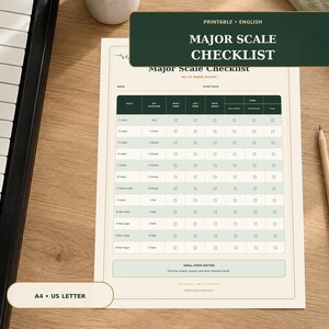 Op de afbeelding: Een printbaar Major Scale Checklist-document op een lichtcrème achtergrond met donkergroene koppen. De tabel bevat alle 12 majeur toonladders met kolommen voor toonsoorten en oefenvoortgang. Een houten potlood ligt naast het papier.
