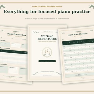Op de afbeelding: Een digitale piano-oefenbundel met drie printbare pagina's: een piano-oefenlogboek, een blad voor pianorepertoire en een checklist voor majeurtoonladders. De documenten hebben een crèmekleurige achtergrond met donkergroene tekst en botanische accenten.
