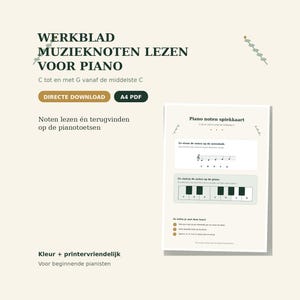 Op de afbeelding: Een digitaal werkblad voor het leren lezen van muzieknoten voor piano, met de tekst WERKBLAD MUZIEKNOTEN LEZEN VOOR PIANO. Het document bevat een spiekkaart met een notenbalk, de noten C tot en met G en een diagram van pianotoetsen.