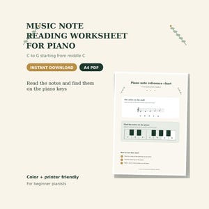 Op de afbeelding: Een werkblad voor het lezen van muzieknoten voor piano met de tekst MUSIC NOTE READING WORKSHEET FOR PIANO, C to G starting from middle C, en een piano-notenreferentietabel met noten op een notenbalk en bijbehorende pianotoetsen in A4 PDF-formaat.