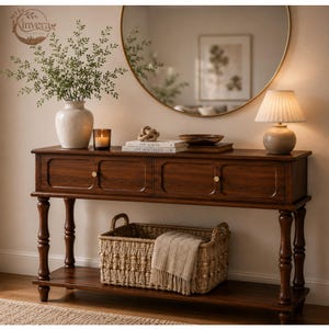 May include: A dark wood console table with two drawers and turned legs, featuring a lower shelf holding a woven basket with a beige throw blanket. The top surface displays a white vase with greenery, a candle, books, and a table lamp with a pleated shade.
