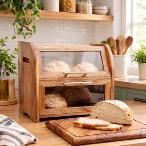 Large Acacia Wood Bread Box for Kitchen Countertop with 2-Tier Storage Shelves